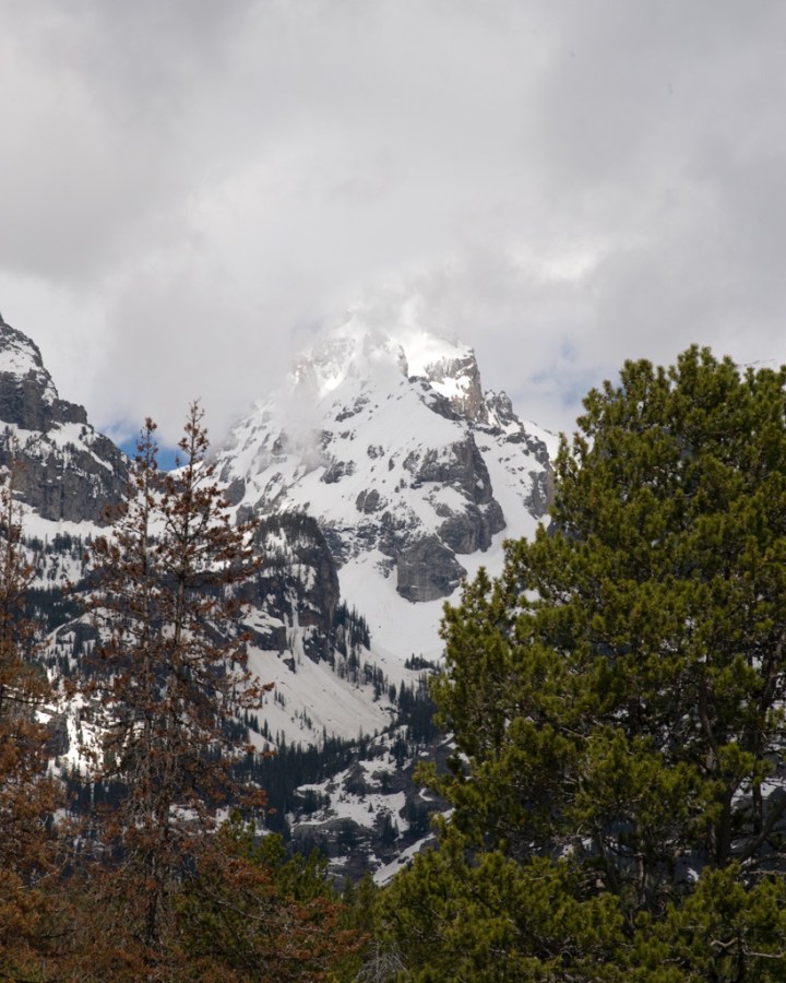 Looking up at the South Teton where Wray Landon made his final turns last spring - we miss you Big Wray!