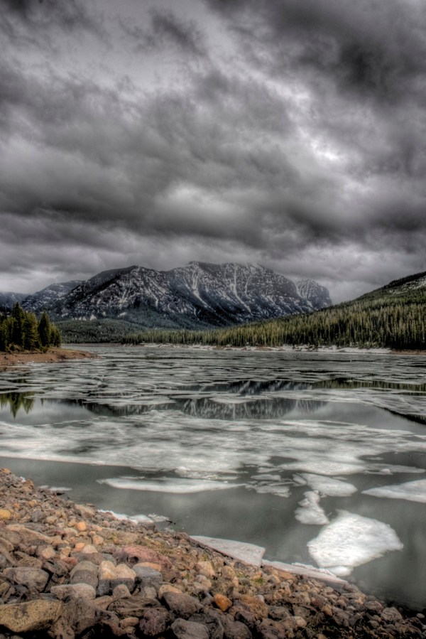 Hyalite Reservoir still mostly frozen over near Bozeman, MT
