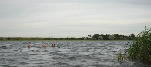 Cooling off in the evening with Andy and Natalie in one of the Fort Peck Dam dredge cuts.