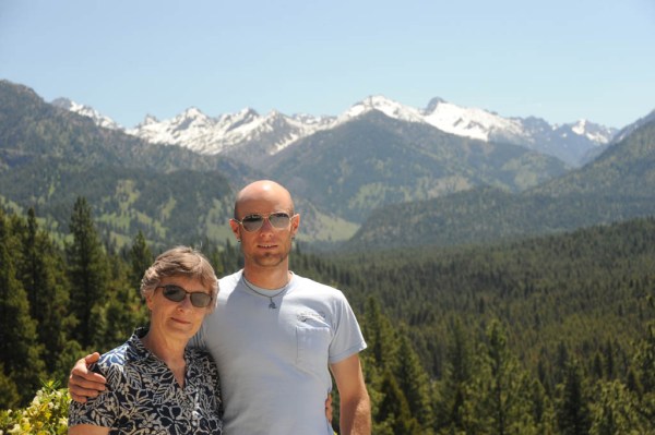 Mom and I with the Sawtooths behind. (Photo by Dad)