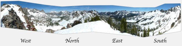 The view from Baron Divide, with the Baron Lakes, Alpine Lake, lower Cramer Lake, Elephants Perch, and countless peaks visible.