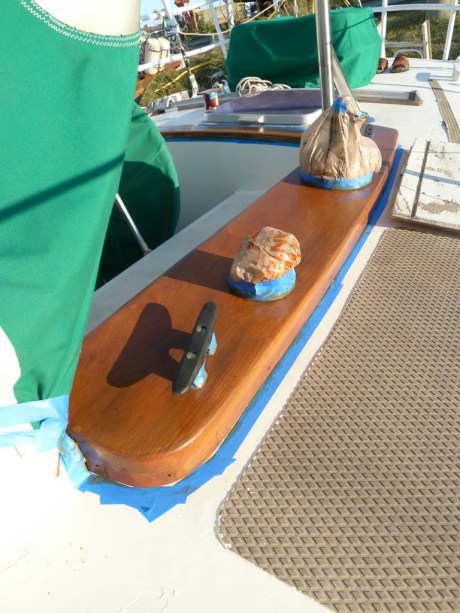 First coat of varnish on the teak. It really started to look good after the third coat!