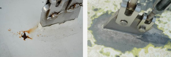 Rust around the chainplates on deck, before and after sandblasting.