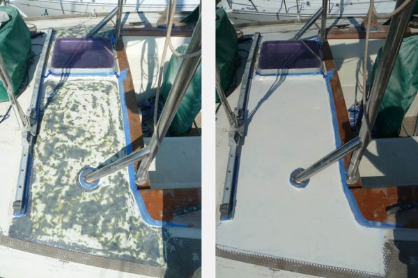 Getting started on the afterdeck, prepared and after the first coat of white epoxy primer.