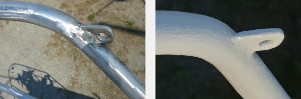 Details of the bow-pulpit, before and after painting.