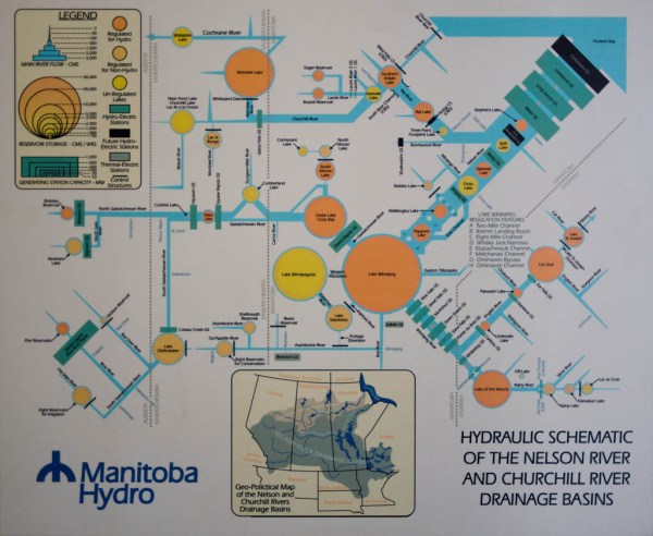 The Grand Rapids generating station is on the upper-left of the orange Lake Winnipeg circle on this diagram.