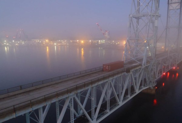 Morning fog over Bath Ironworks in Bath, ME. Morning fog over Bath Ironworks in Bath, ME.