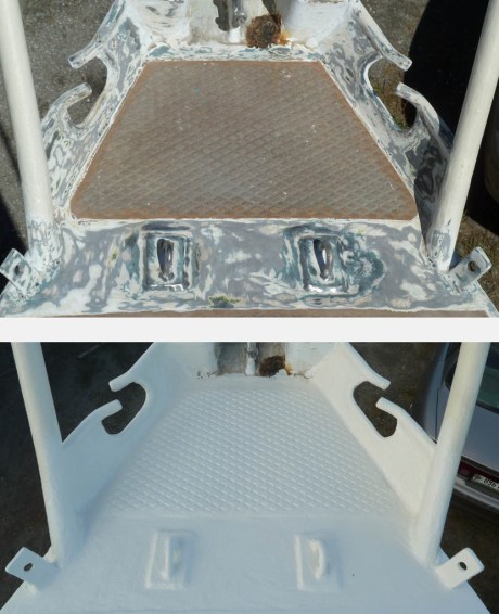 Grinding and painting around the anchor platform. The far forward rust would later be cold chiseled and sandblasted.