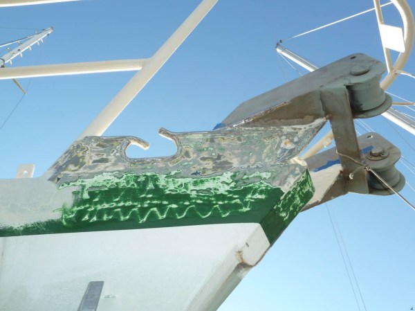 Even the perimeter led to complicated areas, here the underside of the anchor platform. Note that the anchor platform, along with countless other massive items onboard, were fabricated entirely from scratch by Dad back in the day. 1/4" to 1/2" stainless steel plate and titanium fittings all cut, machined, and welded in the back yard and without a proper machine shop. Awesome!.