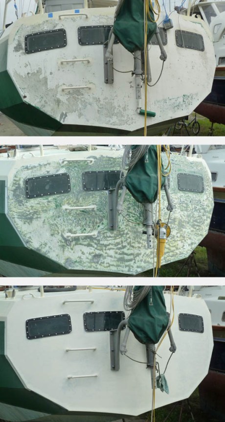 Though technically part of the topsides, the transom had sat south-facing for 11 years and was in worse shape than the deck. So, it received the same treatment. Top - decaying as found. Middle - ground and sanded. Bottom - after 3 coats of epoxy primer.