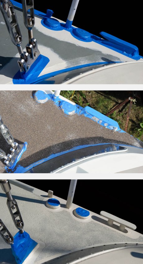 Top - masking prior to nonskid. Middle - loose sand sprinkled on wet paint. Bottom - first coat of paint over nonskid, and new areas masked which will not get the final polyurethane top coat.