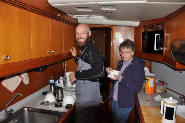Mom and I fixing some breakfast and coffee. (Photo by Dad)
