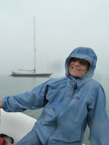 Mom in the dinghy and glad to be heading home for the night.