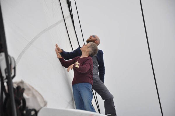 Mom and I gazing up at quite a wall of canvas. (Photo by Dad)