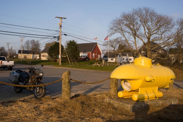 A personal submarine at the Keag Store in South Thomaston. Is it just me or does it look designed to accommodate a camel's hump?