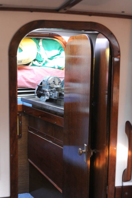 Looking forward from the main saloon into the boat's new machine shop.