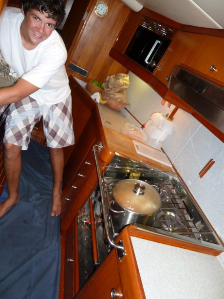 Santiago cooking pasta in the galley. Santiago cooking pasta in the galley.