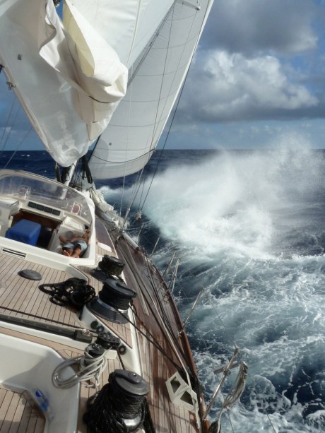 Charging into the Gulf Stream under full jib and double reefed main. Charging into the Gulf Stream under full jib and double reefed main.