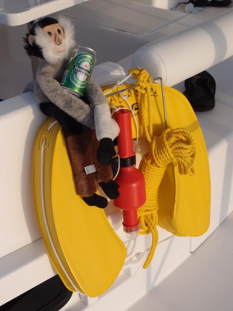 Tristan ready for a rescue should anyone fall overboard. Tristan ready for a rescue should anyone fall overboard.