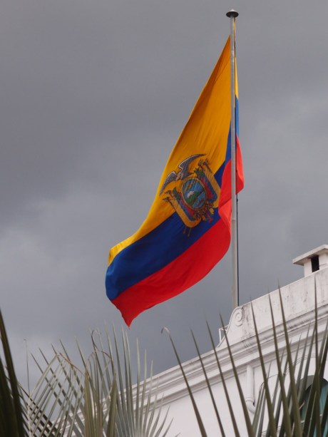 The Ecuadorian flag flies over the Palacio de Gobierno. The Ecuadorian flag flies over the Palacio de Gobierno.