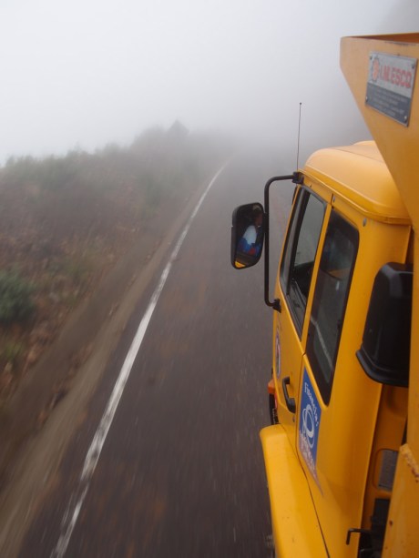 Hidden by the fog were drop-offs at every switchback, the occasional view was straight down thousands of feet to the valley floor.
