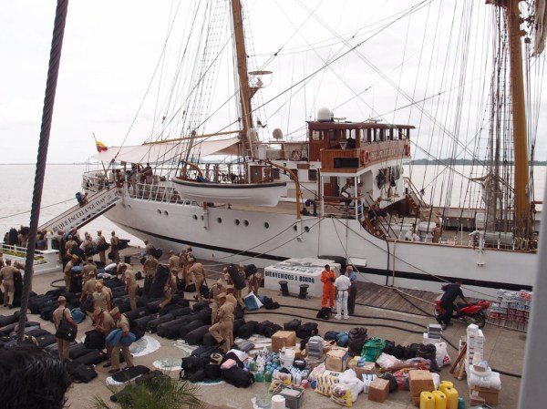 The Buque Escuela Guayas training ship prepares to leave port.