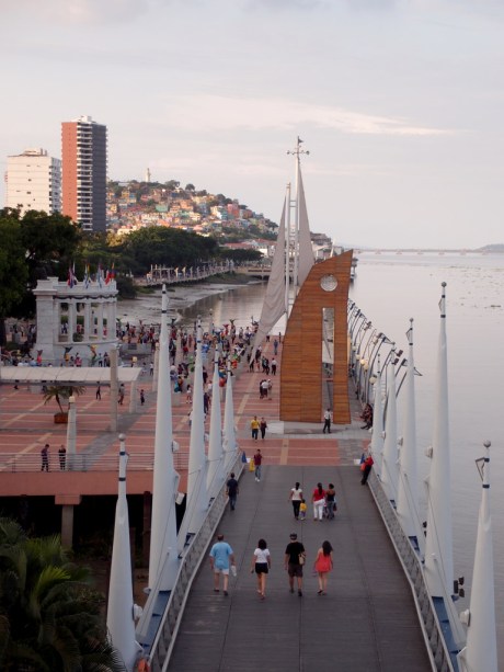 Looking upstream on the Malecón 2000 boardwalk, with Santa Ana Hill in the background.