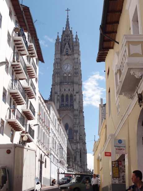 Approaching the Basílica in Quito's historic center, a UNESCO World Heritage Site.