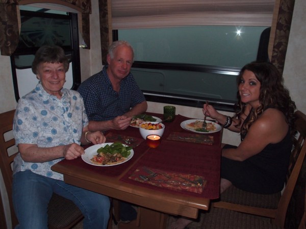 Mom, Dad, and my niece Crystal enjoying some non-hospital-cafeteria food in the camper.