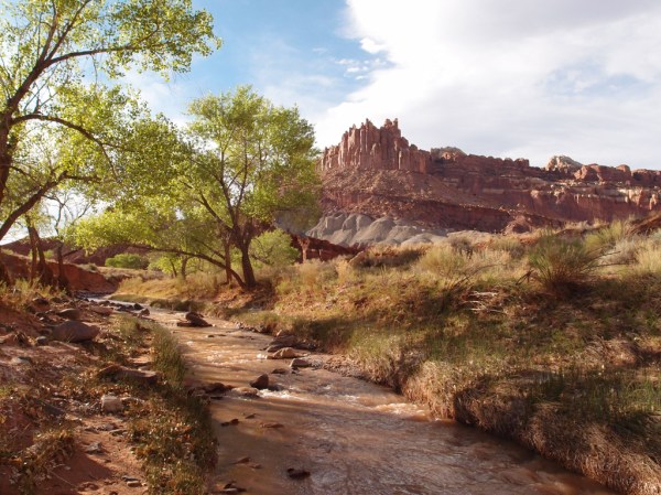 Evening light illuminating Sulfur Creek under the Castle rock formation.