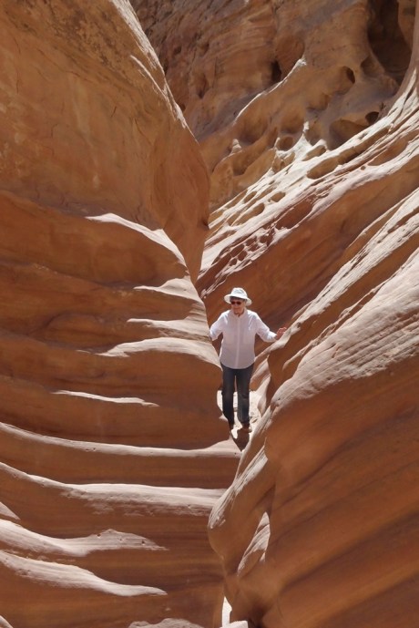 Mom navigating up Little Wild Horse Canyon.