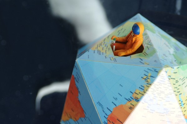 Piloting space ship earth, on the dymaxion map projection, an idea of Fuller's which unfortunately never took on.