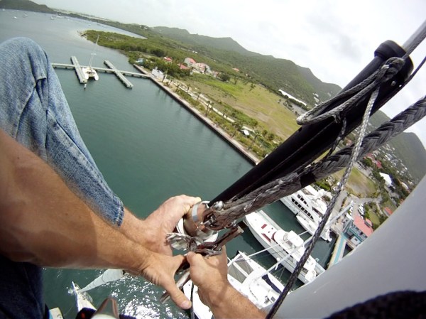 Like in the BVI's but this time with a real harness and 100ft up! Re-attaching the jib halyard and giving the mast and standing rigging a thorough pre-passage inspection.