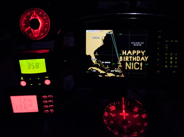 Fun with waypoints, nearly 500 of them in fact, to spell out a little message on the chart-plotter for Nicolas when he came on watch at 4 AM.