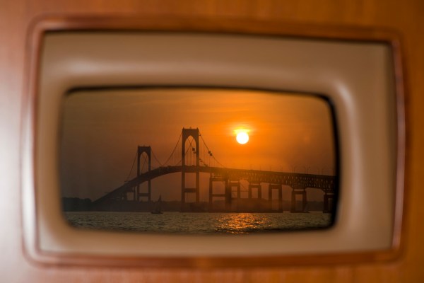 Sunset over the Jamestown Bridge from our cozy anchorage just north of Newport.