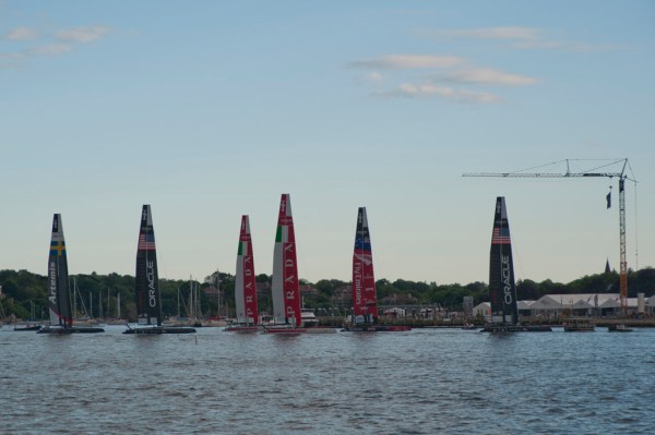 The America's Cup catamarans assembled for races in Newport.