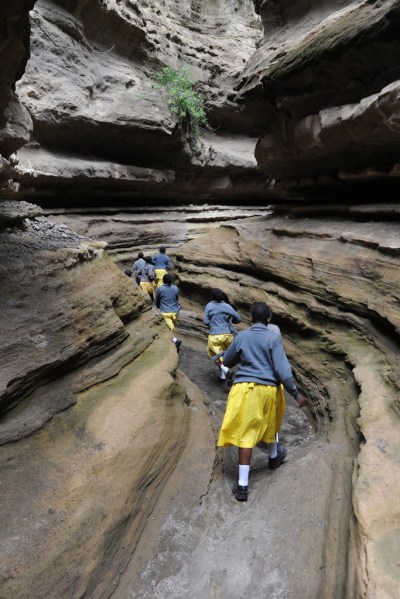 School kids on a field trip through the gorge. Composite image.
