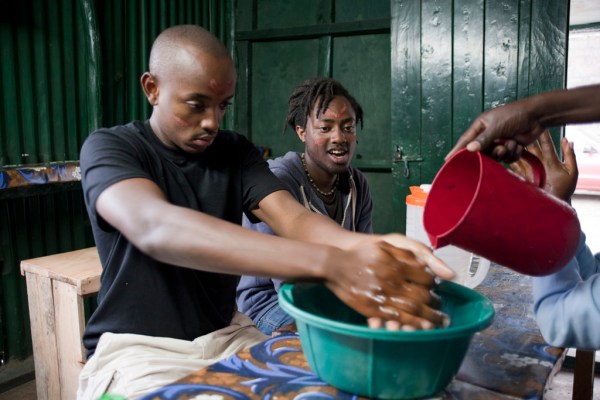 Washing up at the table before we feast.