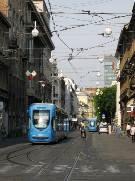 Riding the tram from the airport into downtown Zagreb, Croatia.