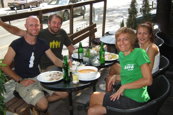 Lunch with new friends Goran, Darinka, and Tamina of the Moj Bicikl Bike Info Center.