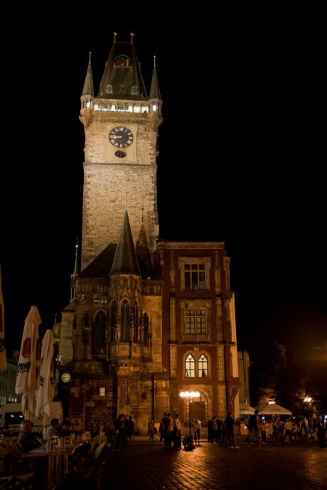 The Old Town City Hall as viewed from our table while enjoying our first pivo (Czech beer, usually a pilsner, always amazing!) of the trip.