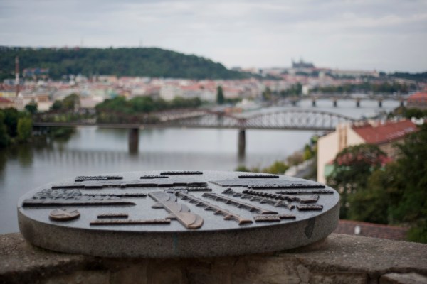 At the Vyšehrad Fortress looking north upon the many bridges over the Vltava River as it meanders through Prague.