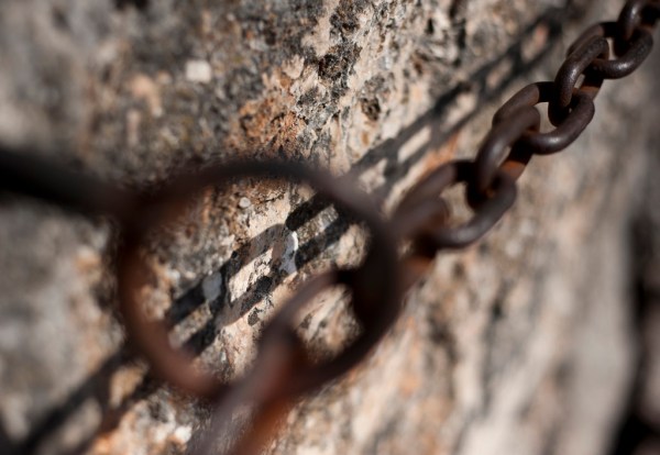 Chains lead the way up to one of the castle towers.