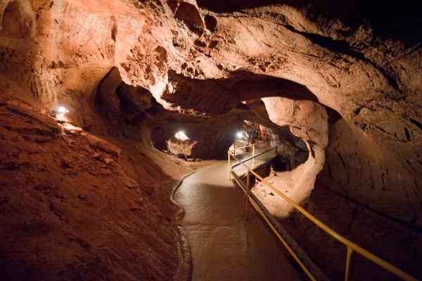 Winding our way through the spectacularly lit Gombasecká Jaskyňa.