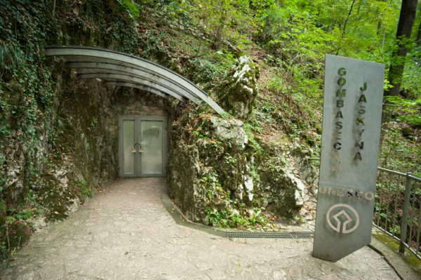 Entering the limestone Gombasecká Jaskyňa caves in the Slovak Karst.