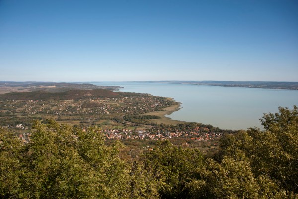 Lake Balaton, the largest lake in Central Europe at 592 sq.km (230 sq.mi), as seen from the summit of Badacsony Mountain.