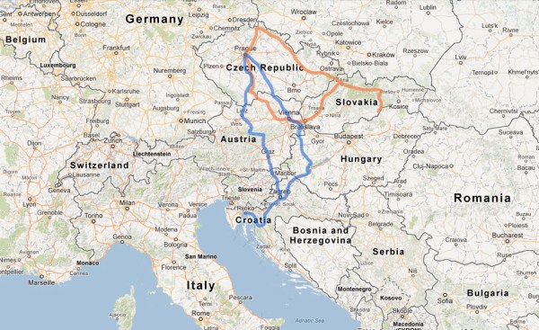 Summer travels in Europe: blue by bicycle, orange by car with Mom and Dad.
