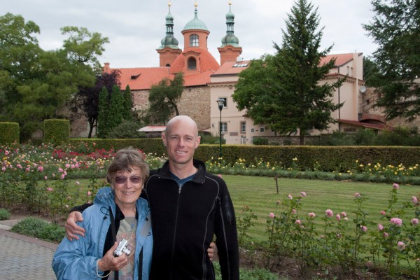 Mom and I pose near the Petřínská Rozhledna.